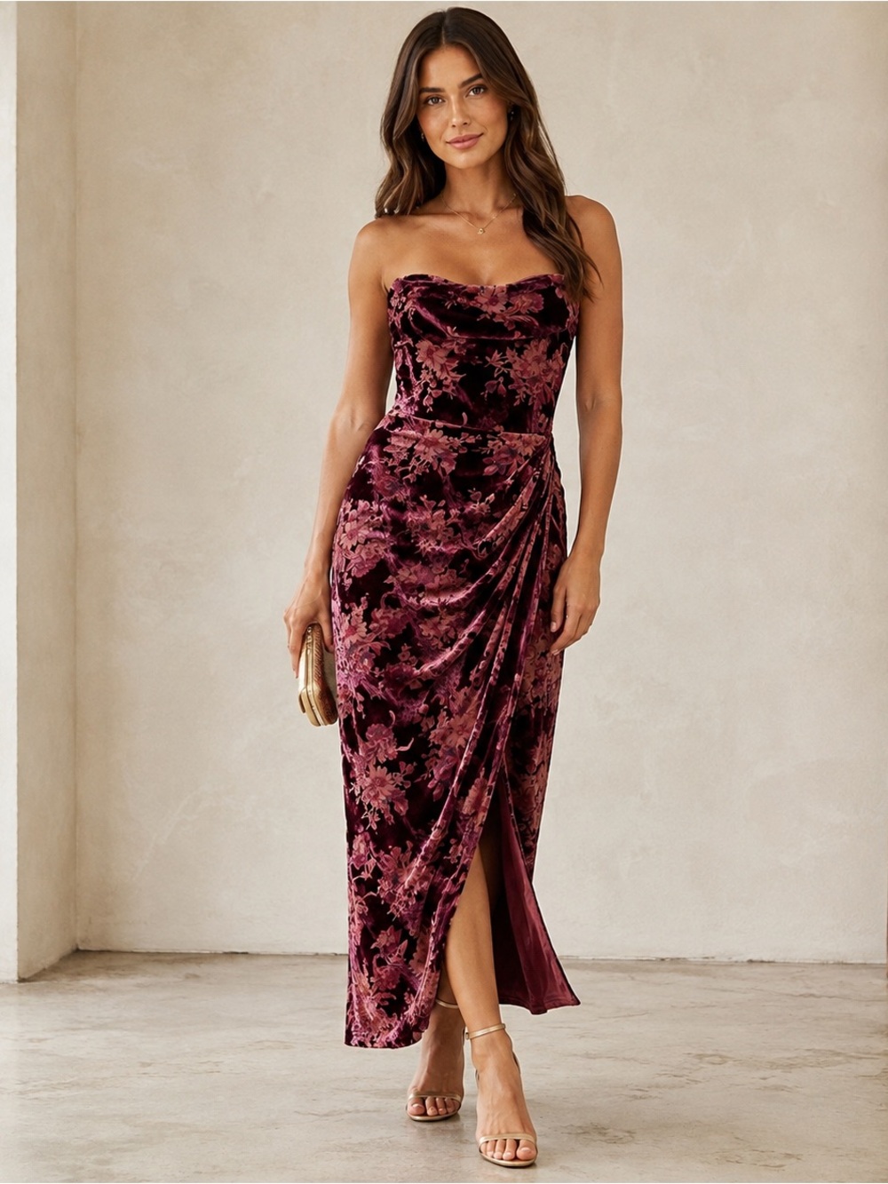 Lulus Wine Floral Velvet Burnout Strapless Maxi Dress XL NWT